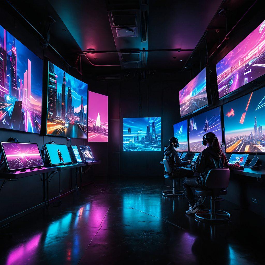 A futuristic, sleek digital landscape with neon lights, showcasing diverse streaming media screens displaying adult content and hentai. Include young adults casually interacting with various devices like tablets and VR headsets in a vibrant, inviting atmosphere. Capture a balanced blend of entertainment and technology, emphasizing connection and exploration. super-realistic. vibrant colors. cyberpunk.